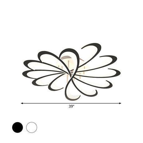 Modern Metallic Floral Flush Mount Led Ceiling Light In Black/White With Warm/White Glow