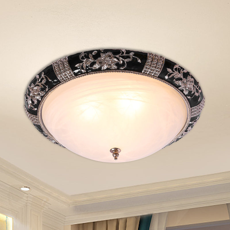 Rural Black Domed Flush Mount Lamp With Frosted Glass Ceiling And Leave/Flower Deco 3-Light 14/19.5