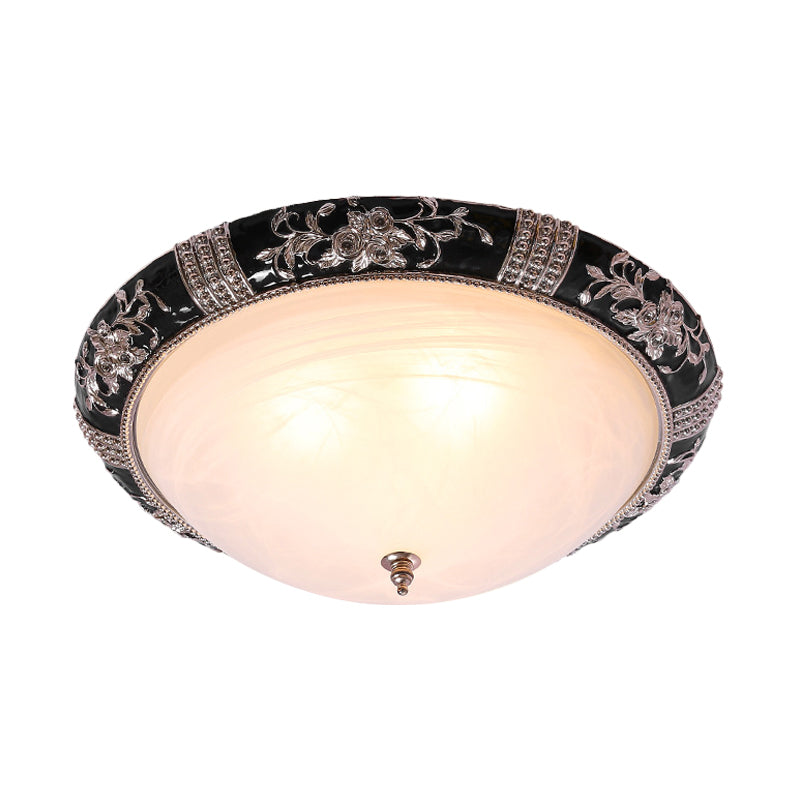 Rural Black Domed Flush Mount Lamp With Frosted Glass Ceiling And Leave/Flower Deco 3 - Light
