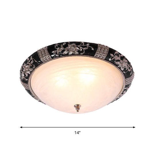 Rural Black Domed Flush Mount Lamp With Frosted Glass Ceiling And Leave/Flower Deco 3-Light 14/19.5