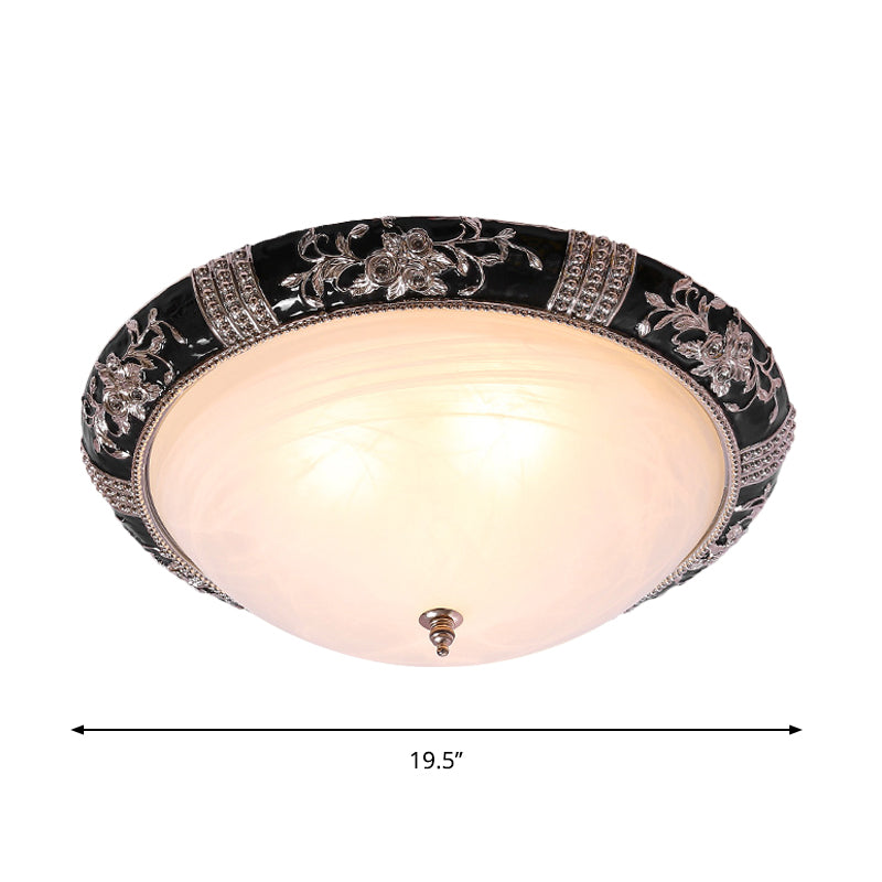 Rural Black Domed Flush Mount Lamp With Frosted Glass Ceiling And Leave/Flower Deco 3 - Light