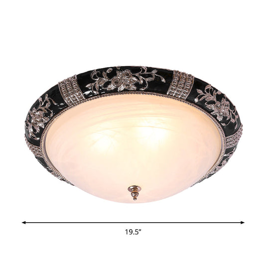 Rural Black Domed Flush Mount Lamp With Frosted Glass Ceiling And Leave/Flower Deco 3-Light 14/19.5