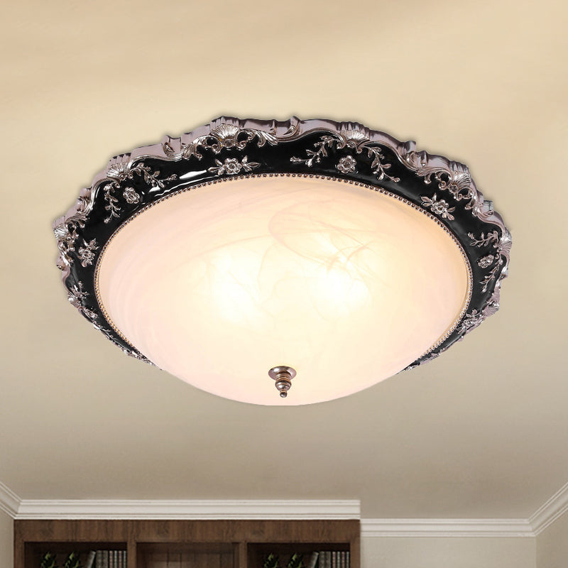 Rural Black Domed Flush Mount Lamp With Frosted Glass Ceiling And Leave/Flower Deco 3 - Light