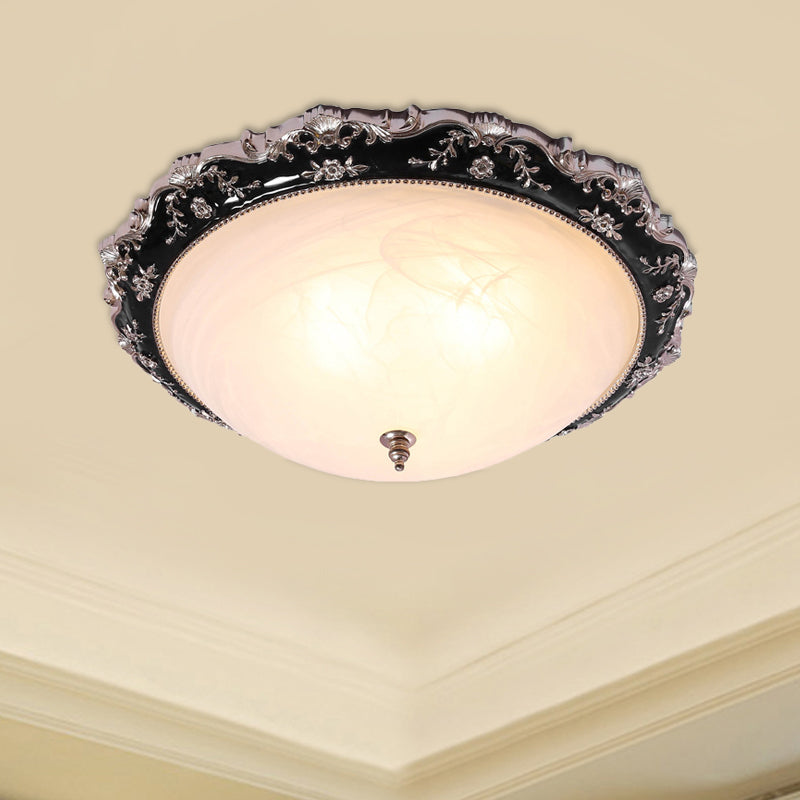 Rural Black Domed Flush Mount Lamp With Frosted Glass Ceiling And Leave/Flower Deco 3 - Light