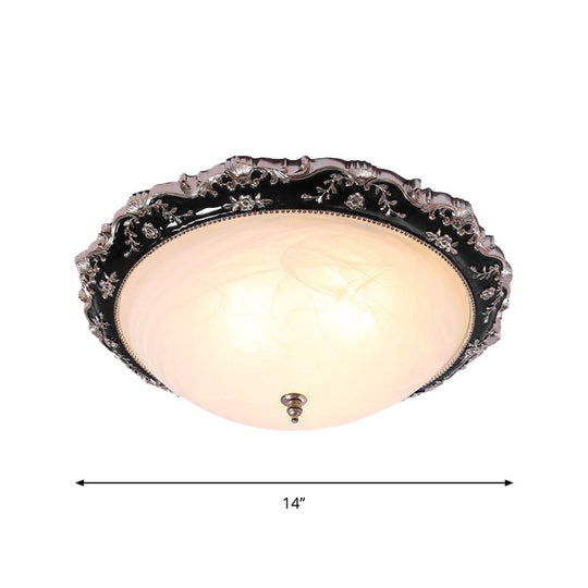 Rural Black Domed Flush Mount Lamp With Frosted Glass Ceiling And Leave/Flower Deco 3 - Light