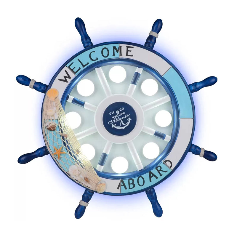 Nautical 8-Light Metal Ceiling Lamp In Blue For Kindergarten Rooms With Rudder Design