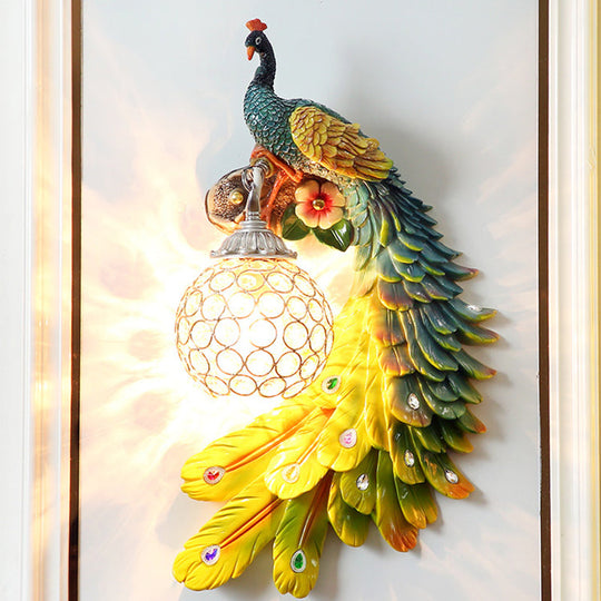 Peacock Wall Sconce - Single Head Cottage White/Red/Blue Resin Light Fixture With Crystal Shade