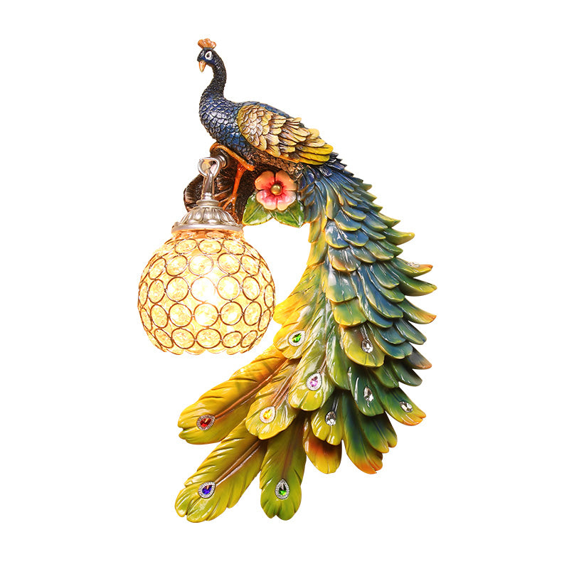 Peacock Wall Sconce - Single Head Cottage White/Red/Blue Resin Light Fixture With Crystal Shade