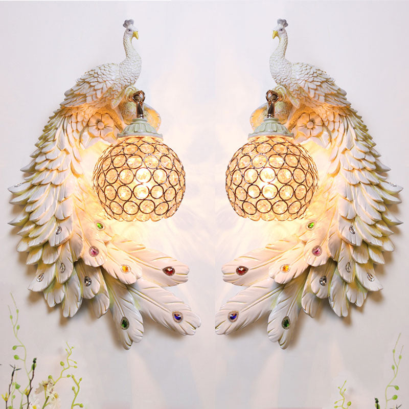Peacock Wall Sconce - Single Head Cottage White/Red/Blue Resin Light Fixture With Crystal Shade