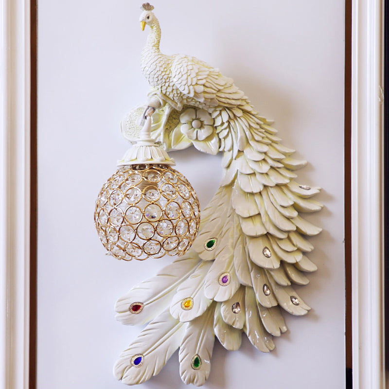 Peacock Wall Sconce - Single Head Cottage White/Red/Blue Resin Light Fixture With Crystal Shade