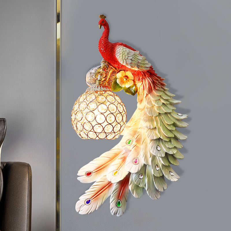 Peacock Wall Sconce - Single Head Cottage White/Red/Blue Resin Light Fixture With Crystal Shade