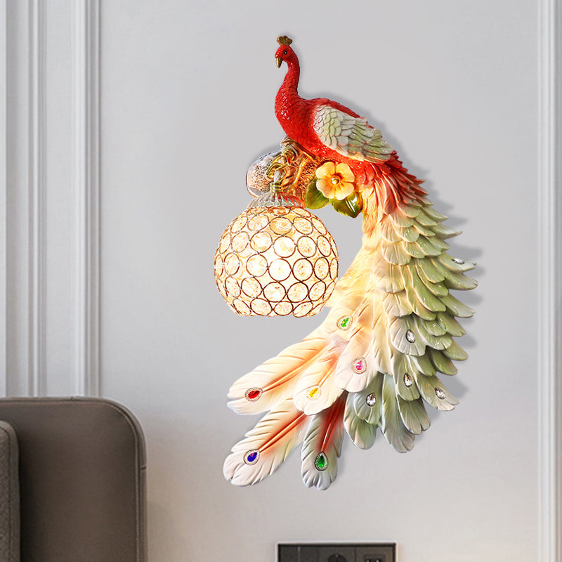 Peacock Wall Sconce - Single Head Cottage White/Red/Blue Resin Light Fixture With Crystal Shade