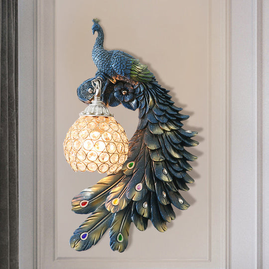 Peacock Wall Sconce - Single Head Cottage White/Red/Blue Resin Light Fixture With Crystal Shade