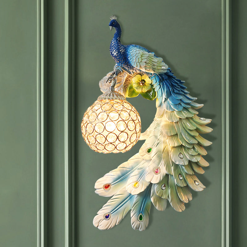 Peacock Wall Sconce - Single Head Cottage White/Red/Blue Resin Light Fixture With Crystal Shade