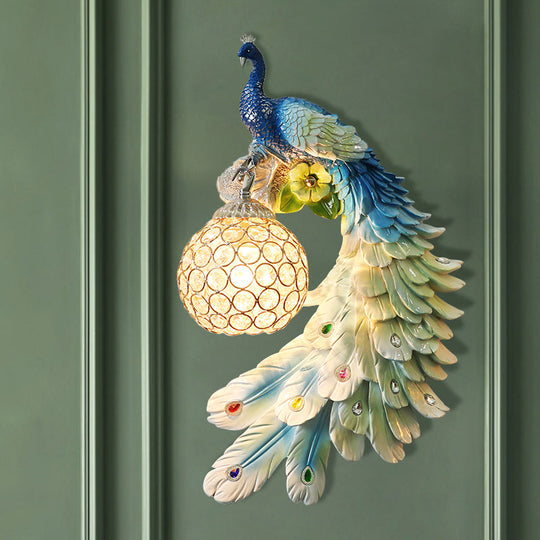 Peacock Wall Sconce - Single Head Cottage White/Red/Blue Resin Light Fixture With Crystal Shade