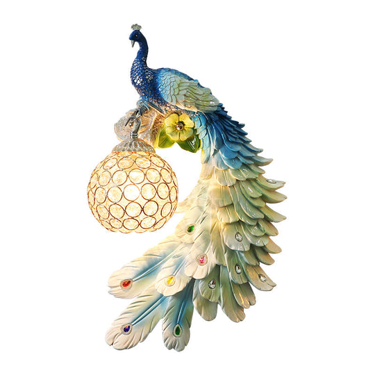 Peacock Wall Sconce - Single Head Cottage White/Red/Blue Resin Light Fixture With Crystal Shade