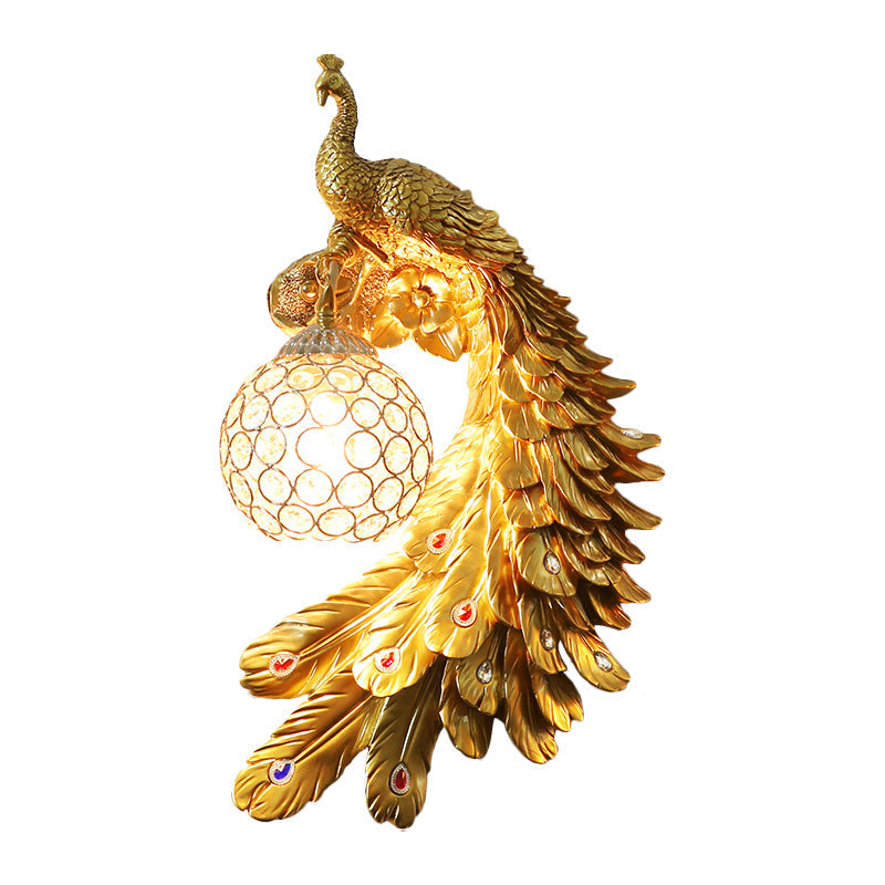 Peacock Wall Sconce - Single Head Cottage White/Red/Blue Resin Light Fixture With Crystal Shade