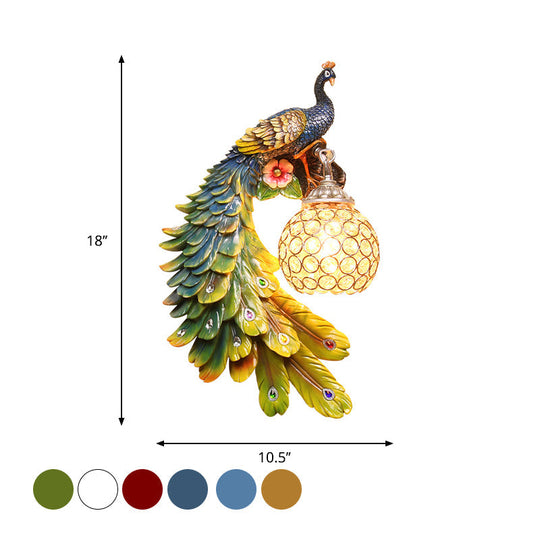 Peacock Wall Sconce - Single Head Cottage White/Red/Blue Resin Light Fixture With Crystal Shade