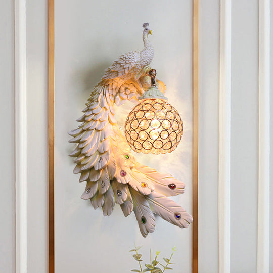 Peacock Wall Sconce - Single Head Cottage White/Red/Blue Resin Light Fixture With Crystal Shade