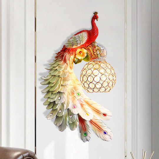 Peacock Wall Sconce - Single Head Cottage White/Red/Blue Resin Light Fixture With Crystal Shade