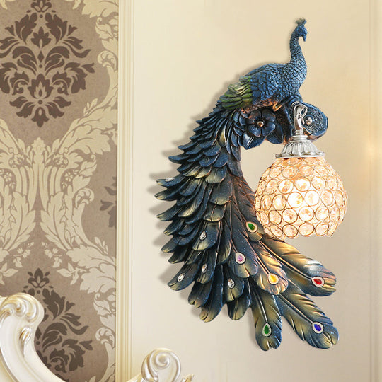 Peacock Wall Sconce - Single Head Cottage White/Red/Blue Resin Light Fixture With Crystal Shade