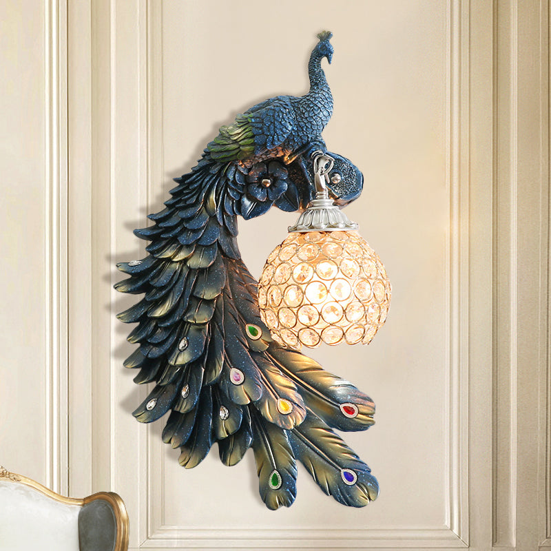 Peacock Wall Sconce - Single Head Cottage White/Red/Blue Resin Light Fixture With Crystal Shade