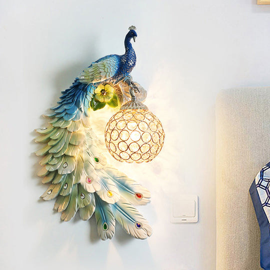 Peacock Wall Sconce - Single Head Cottage White/Red/Blue Resin Light Fixture With Crystal Shade