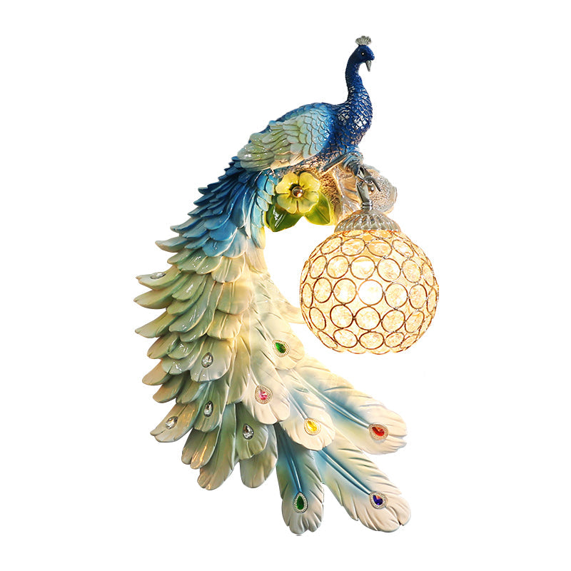 Peacock Wall Sconce - Single Head Cottage White/Red/Blue Resin Light Fixture With Crystal Shade
