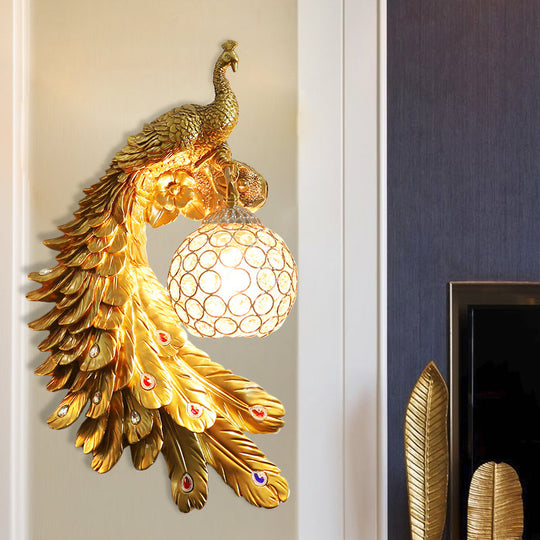 Peacock Wall Sconce - Single Head Cottage White/Red/Blue Resin Light Fixture With Crystal Shade