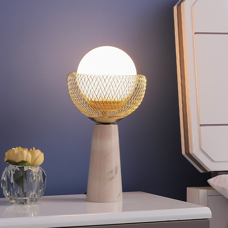 Rita - Minimalist Sphere White Glass Table Light 1-Head Gold Night Lamp With Mesh Design
