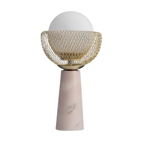 Rita - Minimalist Sphere White Glass Table Light 1-Head Gold Night Lamp With Mesh Design