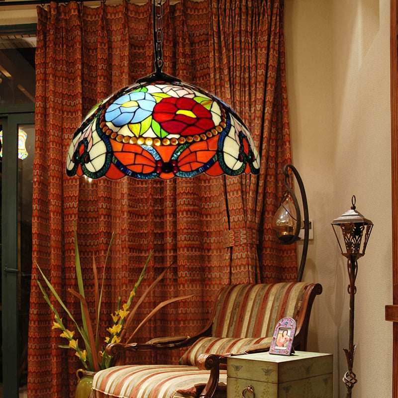 Suspension de plafond en vitrail Bloom avec chaîne ajustable - Rouge victorien/jaune/rouge-jaune-bleu-vert (Ensemble de 3)