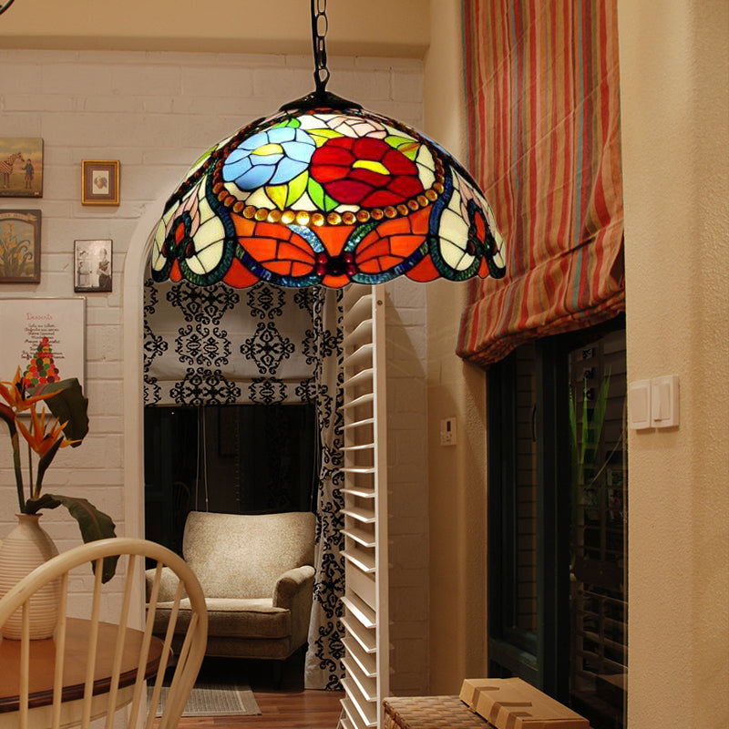 Suspension de plafond en vitrail Bloom avec chaîne ajustable - Rouge victorien/jaune/rouge-jaune-bleu-vert (Ensemble de 3)