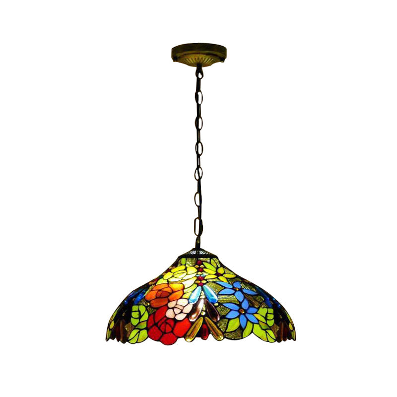 Suspension de plafond en vitrail Bloom avec chaîne ajustable - Rouge victorien/jaune/rouge-jaune-bleu-vert (Ensemble de 3)