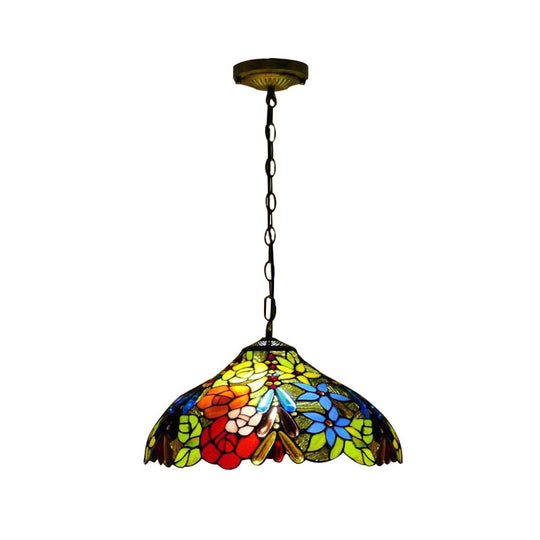 Suspension de plafond en vitrail Bloom avec chaîne ajustable - Rouge victorien/jaune/rouge-jaune-bleu-vert (Ensemble de 3)