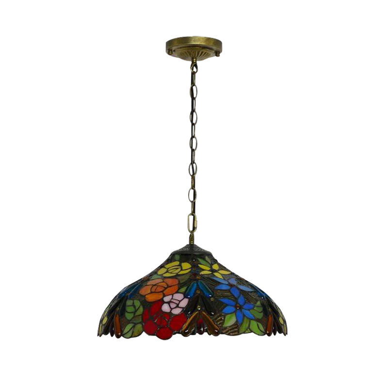 Suspension de plafond en vitrail Bloom avec chaîne ajustable - Rouge victorien/jaune/rouge-jaune-bleu-vert (Ensemble de 3)