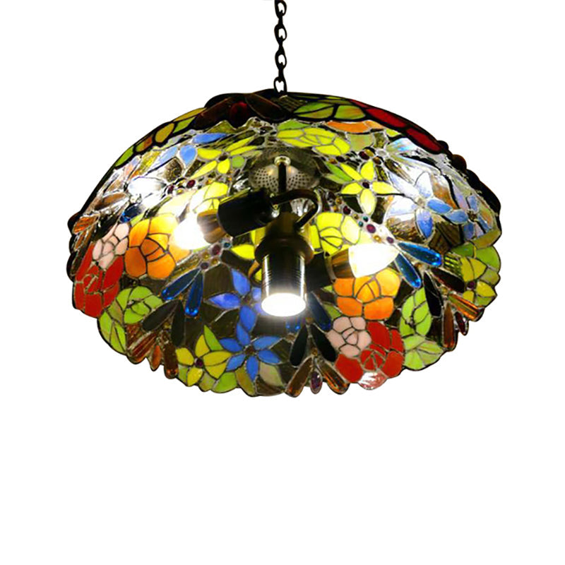 Suspension de plafond en vitrail Bloom avec chaîne ajustable - Rouge victorien/jaune/rouge-jaune-bleu-vert (Ensemble de 3)