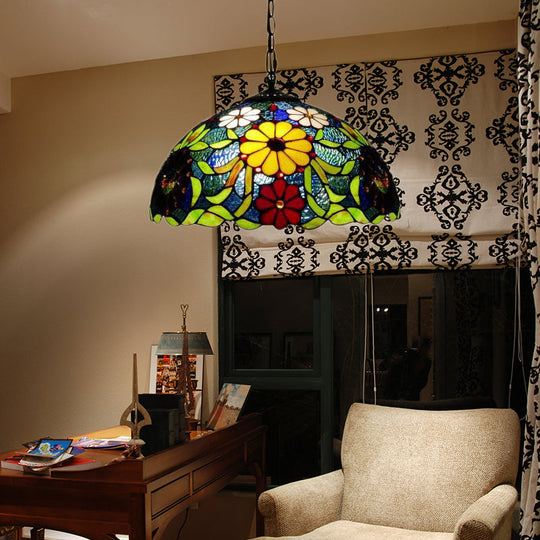 Suspension de plafond en vitrail Bloom avec chaîne ajustable - Rouge victorien/jaune/rouge-jaune-bleu-vert (Ensemble de 3)