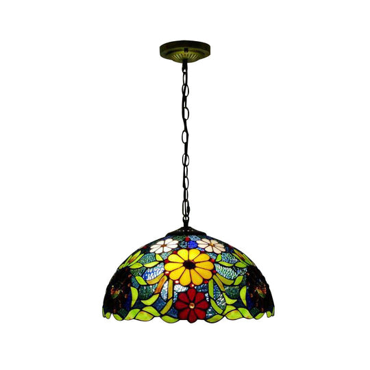 Suspension de plafond en vitrail Bloom avec chaîne ajustable - Rouge victorien/jaune/rouge-jaune-bleu-vert (Ensemble de 3)