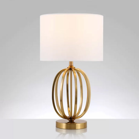 Vintage Single Bulb Table Lamp With Fabric Drum Shade Gold Oval Frame Base
