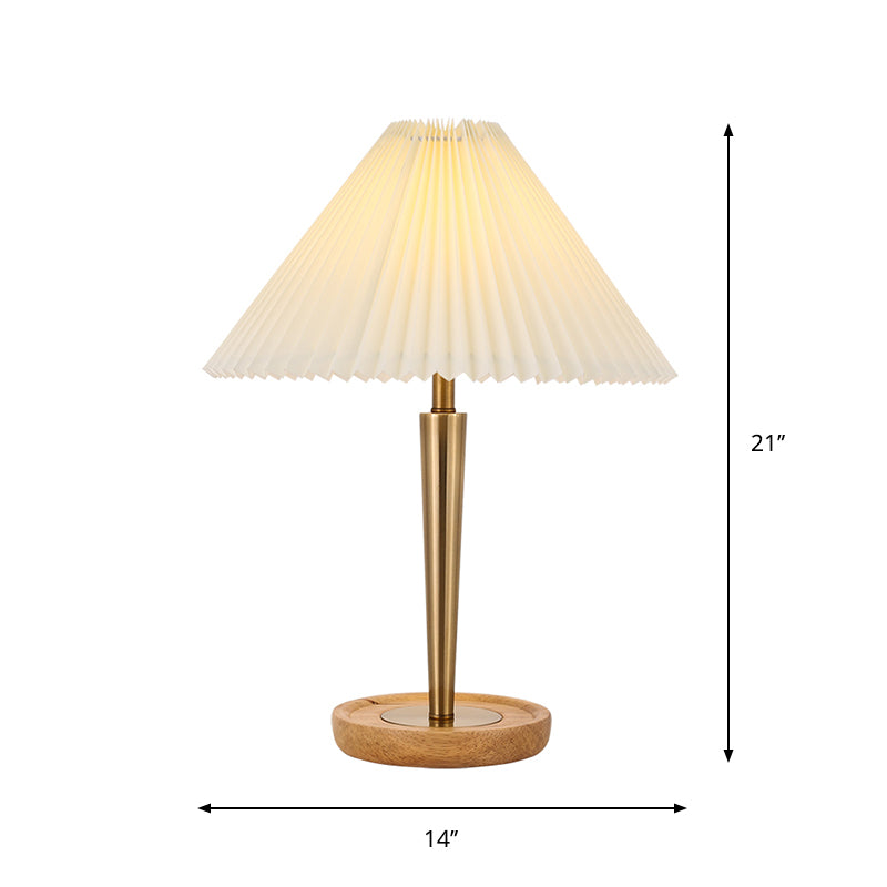 Zoé - Gold 1-Head Night Table Lamp Countryside Conic Pleated Fabric Task Lighting With Wood Round