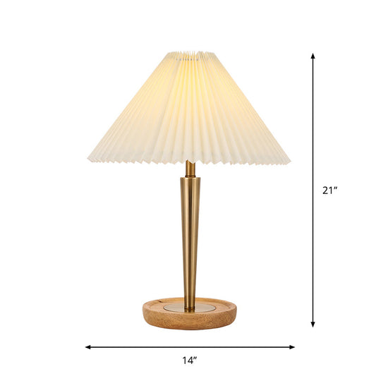 Zoé - Gold 1-Head Night Table Lamp Countryside Conic Pleated Fabric Task Lighting With Wood Round