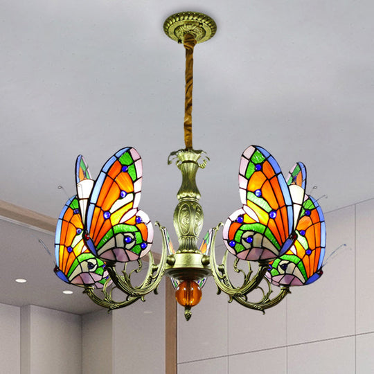 Stained Glass Butterfly Chandelier: Orange Yellow & Green Colors 3/5 Bulbs Perfect For Bedroom