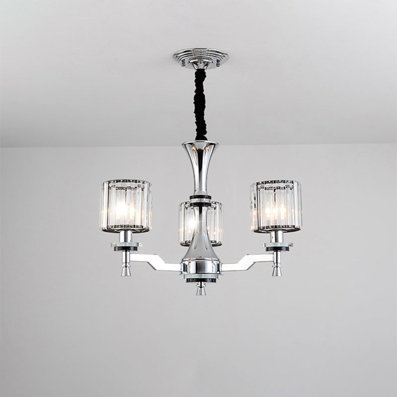 Modern Chrome Chandelier Light Fixture With Cylinder Crystal Prisms And 3 Bulbs