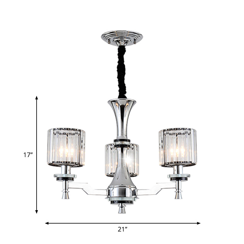 Modern Chrome Chandelier Light Fixture With Cylinder Crystal Prisms And 3 Bulbs
