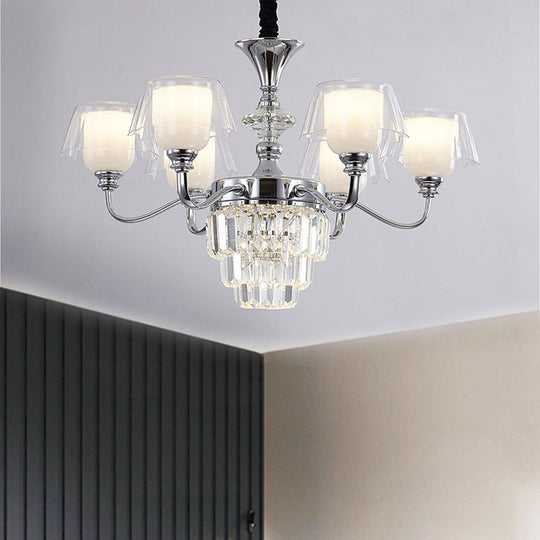 Layered Chandelier Minimalist Crystal Block Pendant - Chrome Ceiling Lighting With Clear Glass
