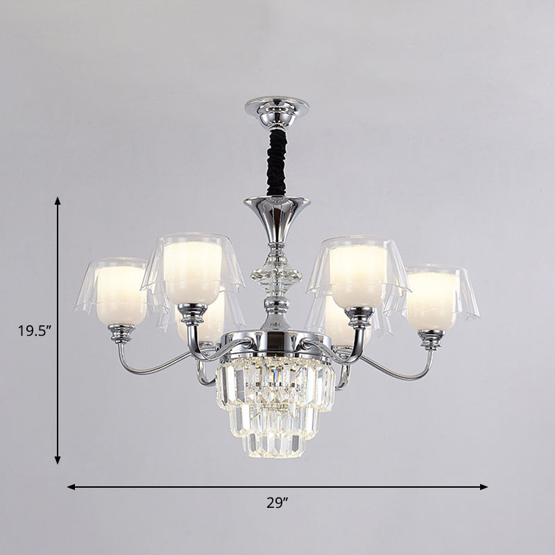 Layered Chandelier Minimalist Crystal Block Pendant - Chrome Ceiling Lighting With Clear Glass