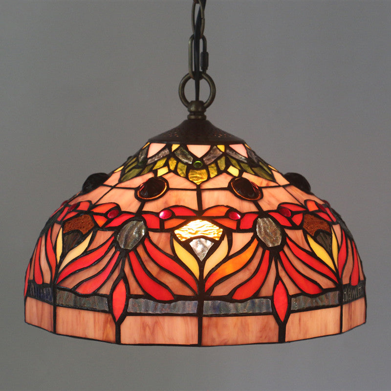 Tiffany Stained Glass Bowl Shade Hanging Light With Red Finish For Dining Room