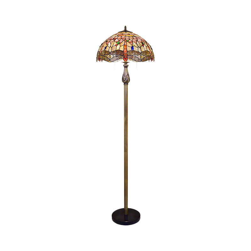 Dragonfly Shell Tiffany Style Floor Reading Light - 2 Lights White Pull Chain Bowl Shade