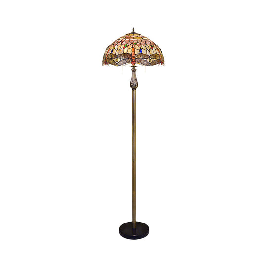 Dragonfly Shell Tiffany Style Floor Reading Light - 2 Lights White Pull Chain Bowl Shade